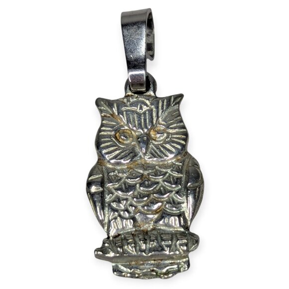 Intricate Silver Tone Owl Pendant 1.75" x .75" - Picture 1 of 4
